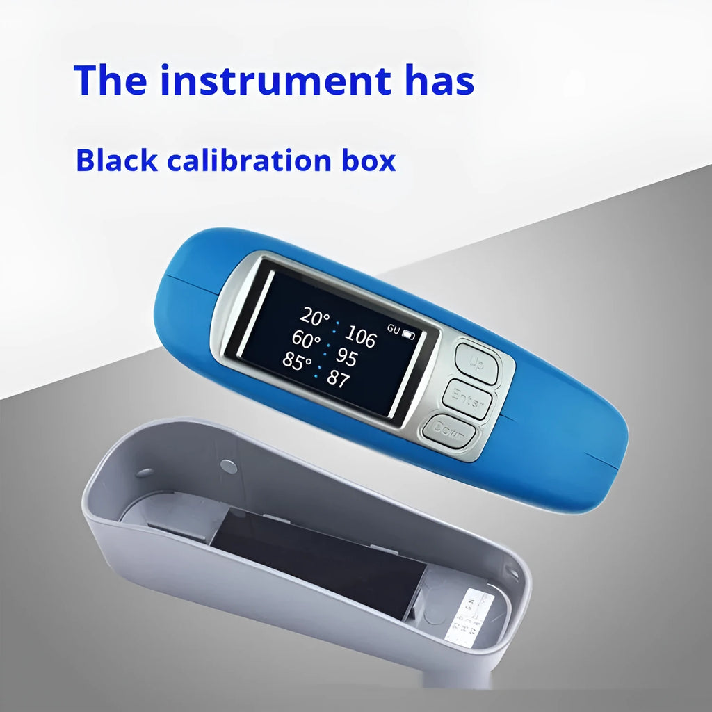 Ceramic brightness stone portable glossiness tester showing measurement angles and aperture specifications