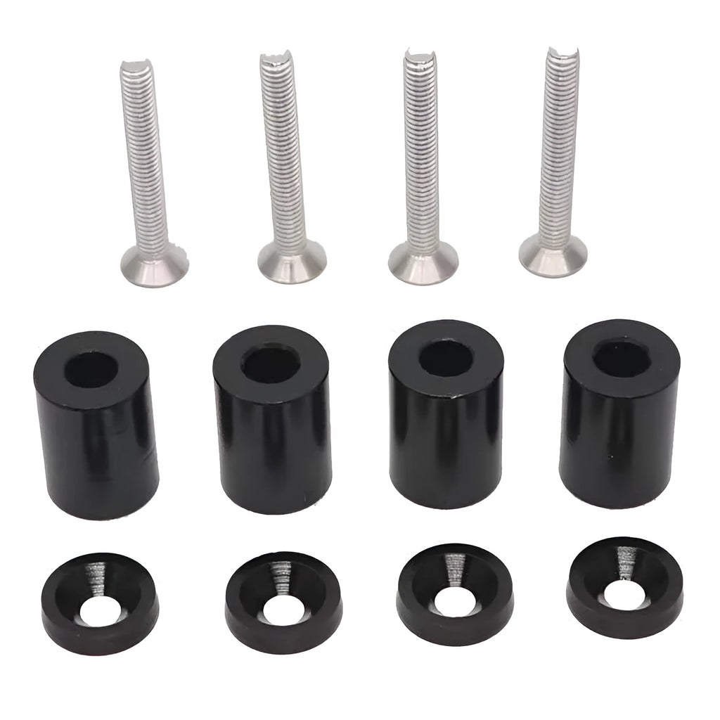 Aluminium engine cover spacer pack with screws and nuts in black, blue, or red.