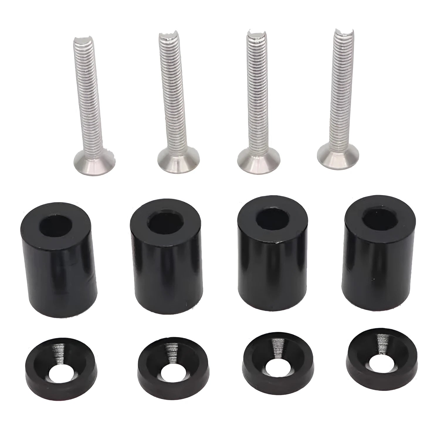 Aluminium engine cover spacer pack with screws and nuts in black, blue, or red.