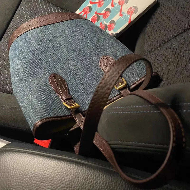 Denim patchwork retro bucket handbag with one-shoulder strap showing 23x27x16cm dimensions