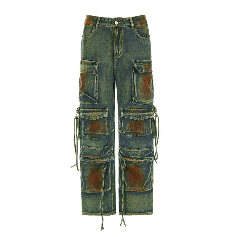 Loose-fit blue denim cargo trousers with multiple front pockets showing gradient colour details