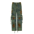 Loose-fit blue denim cargo trousers with multiple front pockets showing gradient colour details