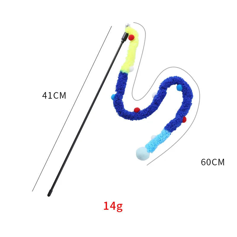 Blue cat wand toy with 41cm pole, 60cm plush strip, and colourful fluffy ball with bells
