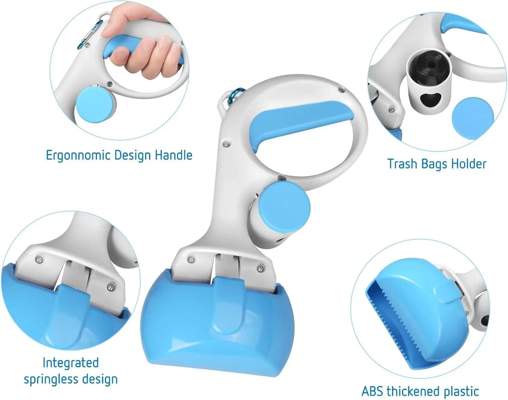 Heavy-duty ABS plastic pet pooper scooper with integrated trash bag holder in blue colour
