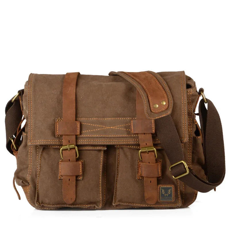 Men's Army Green canvas crossbody shoulder bag with cowhide details and a postman flap.