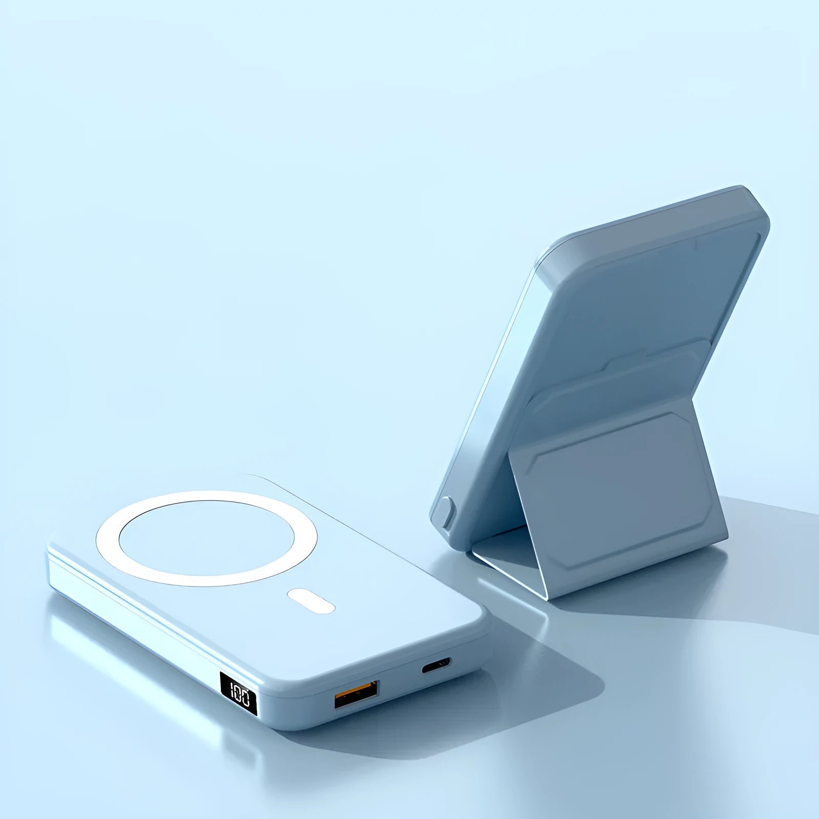 Magnetic wireless charging power bank with folding stand in various colours