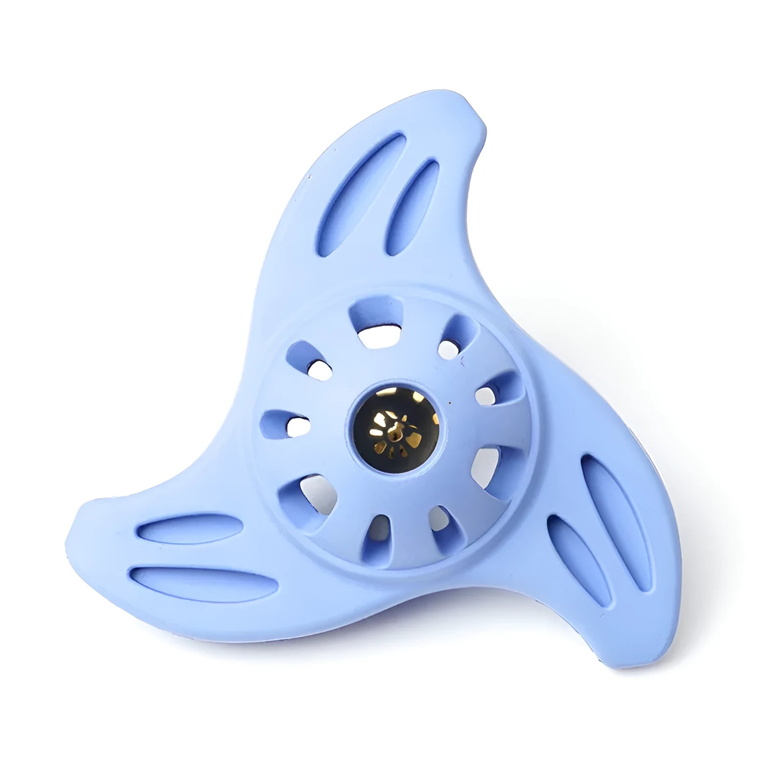 Blue boomerang-shaped rubber dog toy for medium and large breeds on a white background