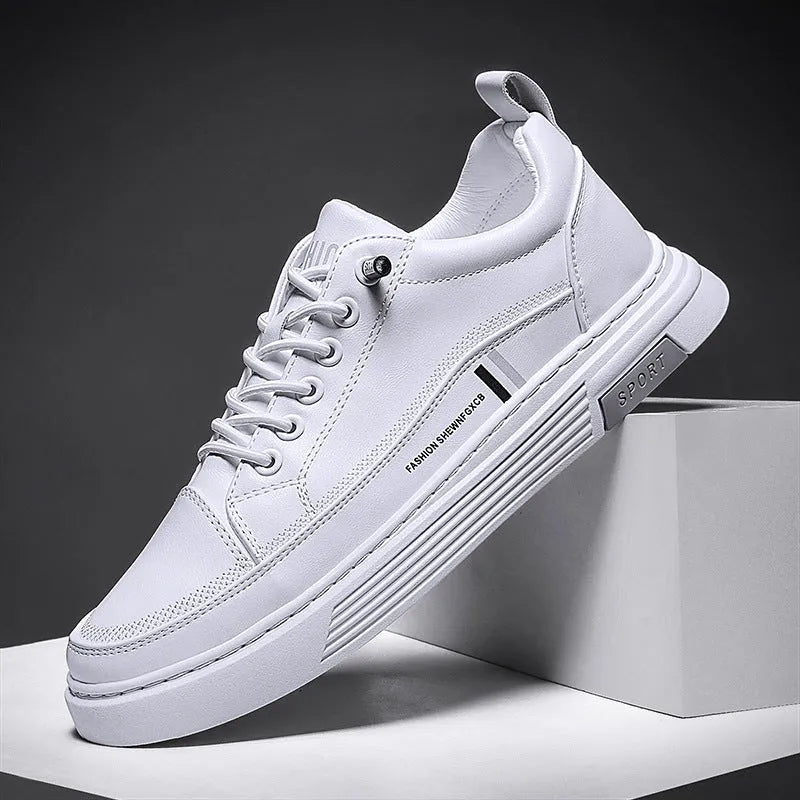Men's white and black low-top skateboard shoes with elastic band closure
