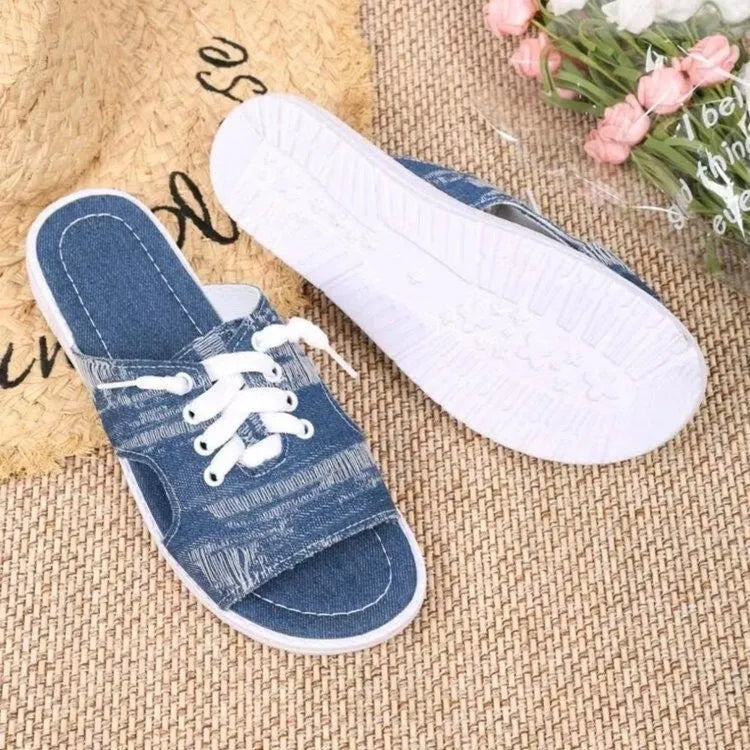 Blue Roman style women's canvas slippers with cloth upper and rubber sole