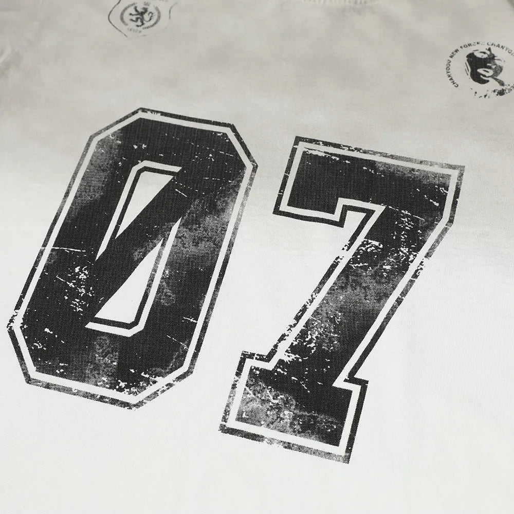 Men's black and white pure cotton short-sleeved t-shirt with a print, shown in sizes S to XL.