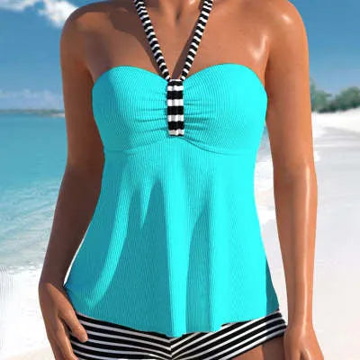 Black and white striped off-shoulder one-piece swimsuit for women