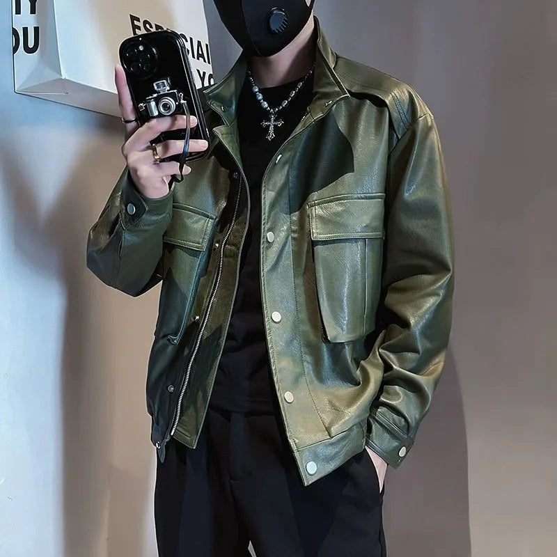 Men's black Korean style PU leather jacket with side pockets and polyester lining