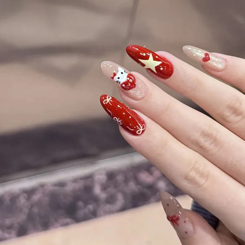 Set of sweet girl theme fake nails with colourful glitter and crystal decorations on a soft gel base.