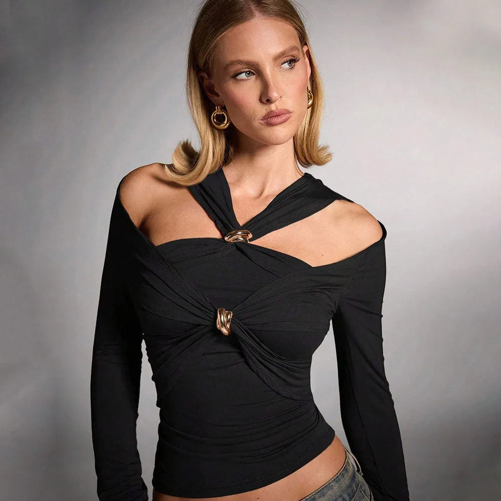 Black women's halter top with shoulder-baring design and regular long sleeves