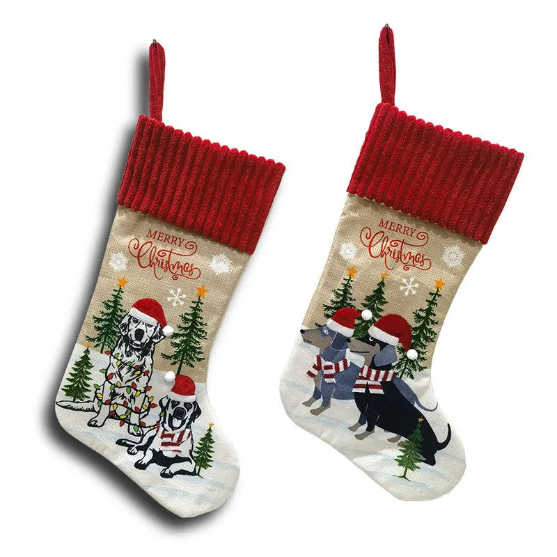 Cloth Christmas gift bag pendant hanging from fireplace measuring 46x28cm in holiday decor setting