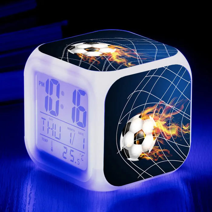Square football pattern alarm clock with cartoon styling and mute alarm function