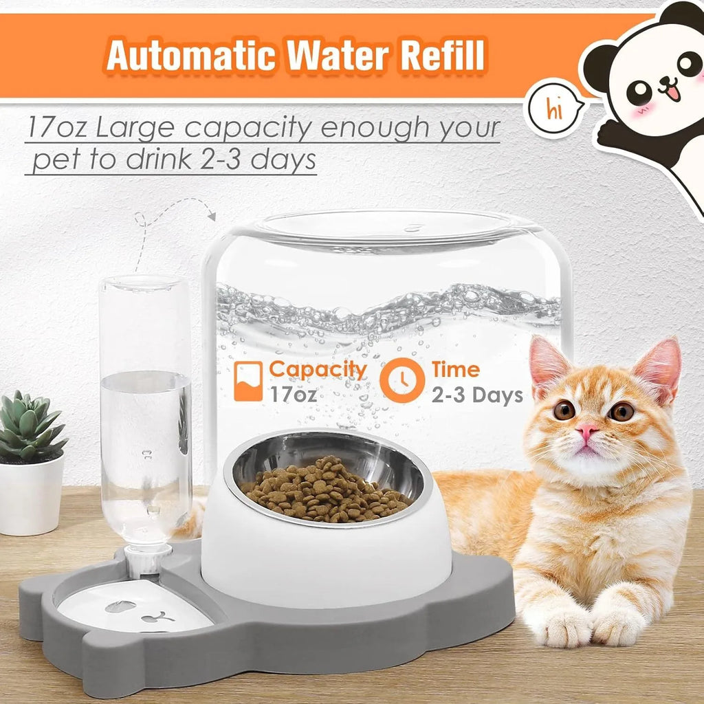 Grey panda-shaped raised pet feeder with tilted food bowl and automatic water bottle