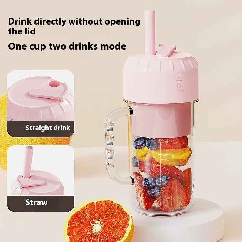 USB-powered portable juicer in avocado green or cherry blossom pink with multiple blade options