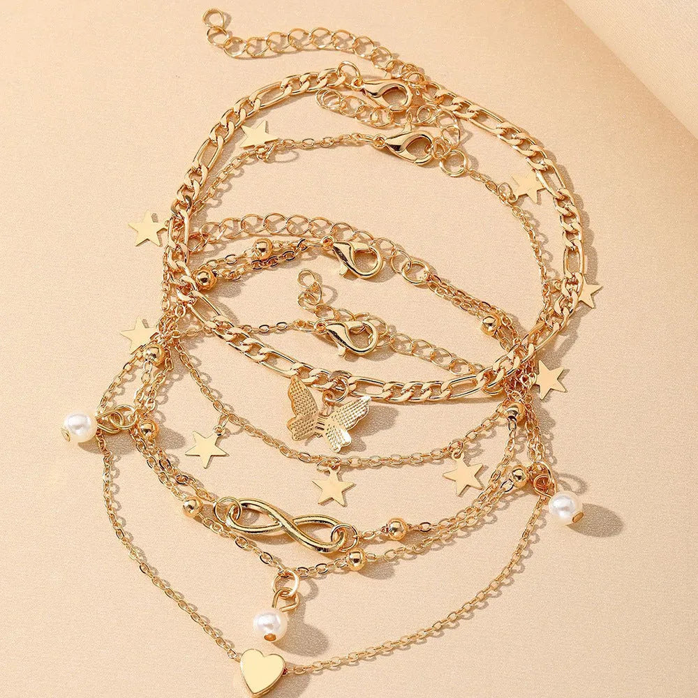 Butterfly pearl heart anklet 4-piece set in alloy with women's simple design