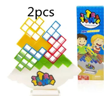 Plastic balance stacking game with 16 coloured building blocks on chassis