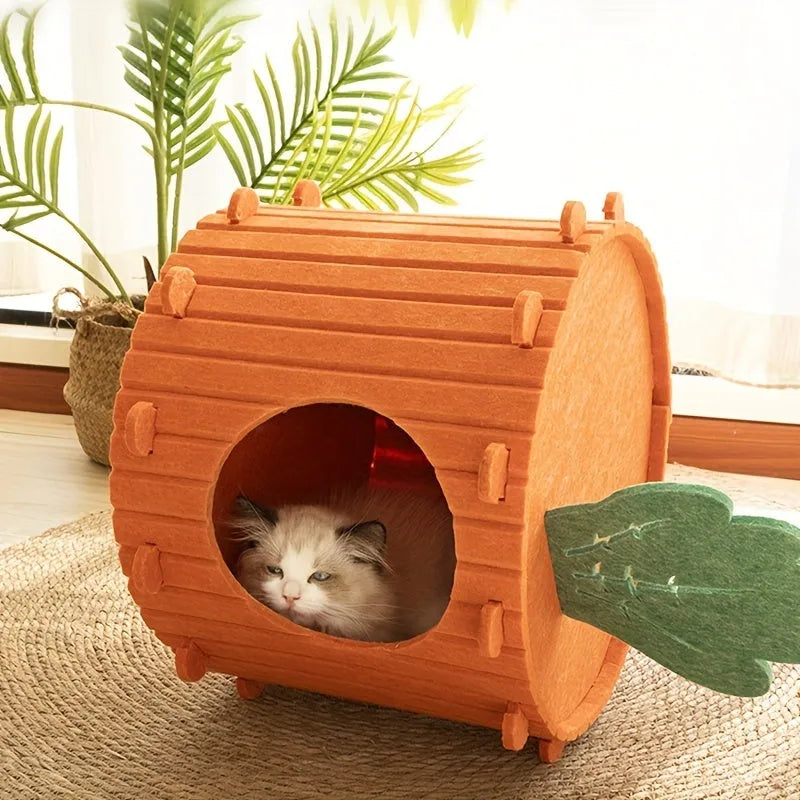 Carrot-shaped felt cat tunnel nest showing semi-enclosed design with two size options