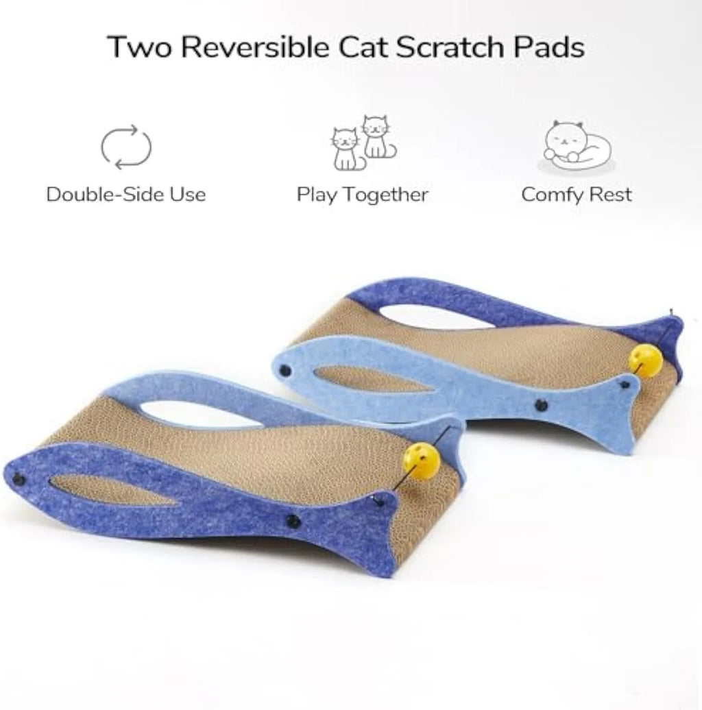 Blue fish-shaped cardboard cat scratcher pad with bell ball toys for indoor furniture protection