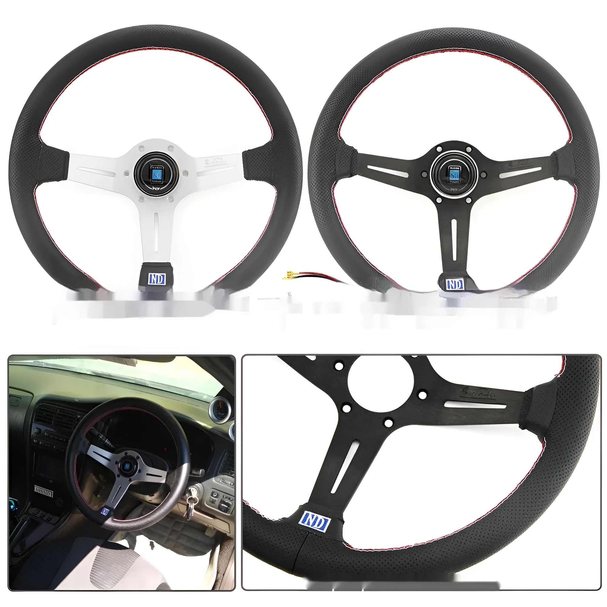 14-inch black leather steering wheel with concave design and silver metal skeleton.