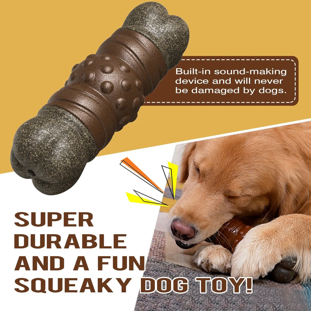 Wood colour plastic bone-shaped dog dental chew toy with textured surfaces for teeth cleaning