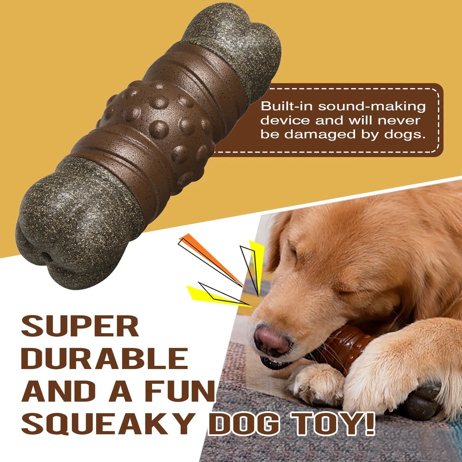 Wood colour plastic bone-shaped dog dental chew toy with textured surfaces for teeth cleaning