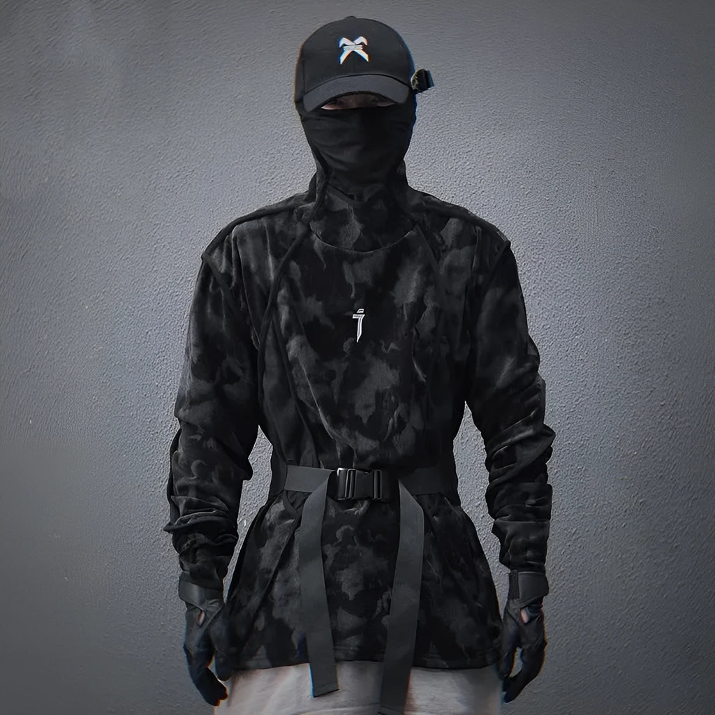 Men's black tie-dye pattern pullover sweater with drop-shoulder sleeves and loose casual fit