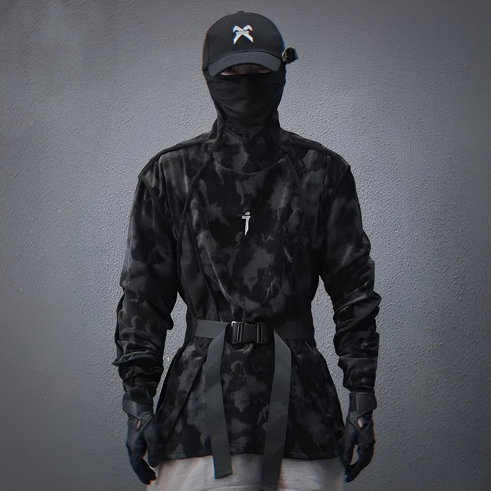 Men's black tie-dye pattern pullover sweater with drop-shoulder sleeves and loose casual fit