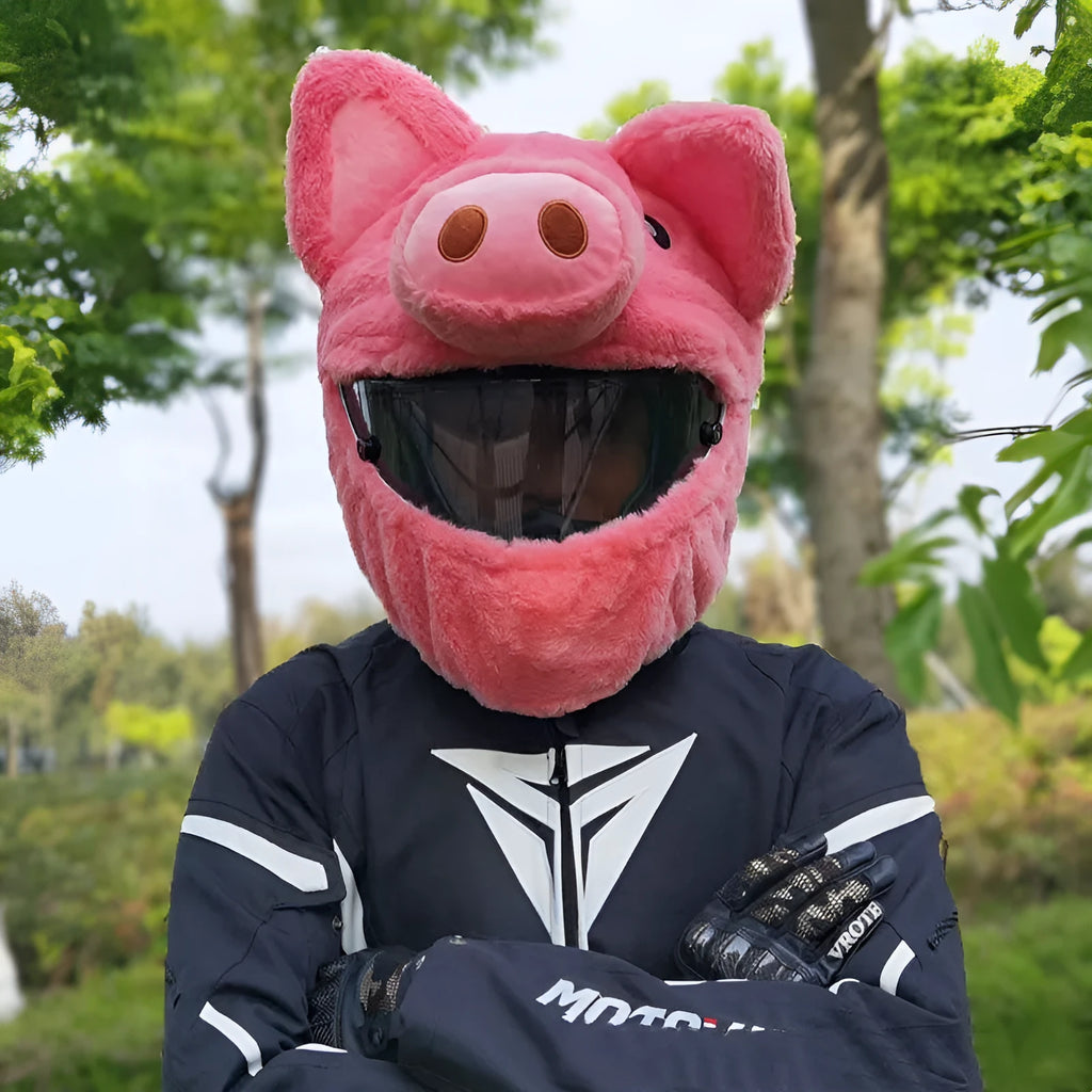 Pink cartoon pig plush hood for motorcycle helmet protection made from PV velvet cloth.