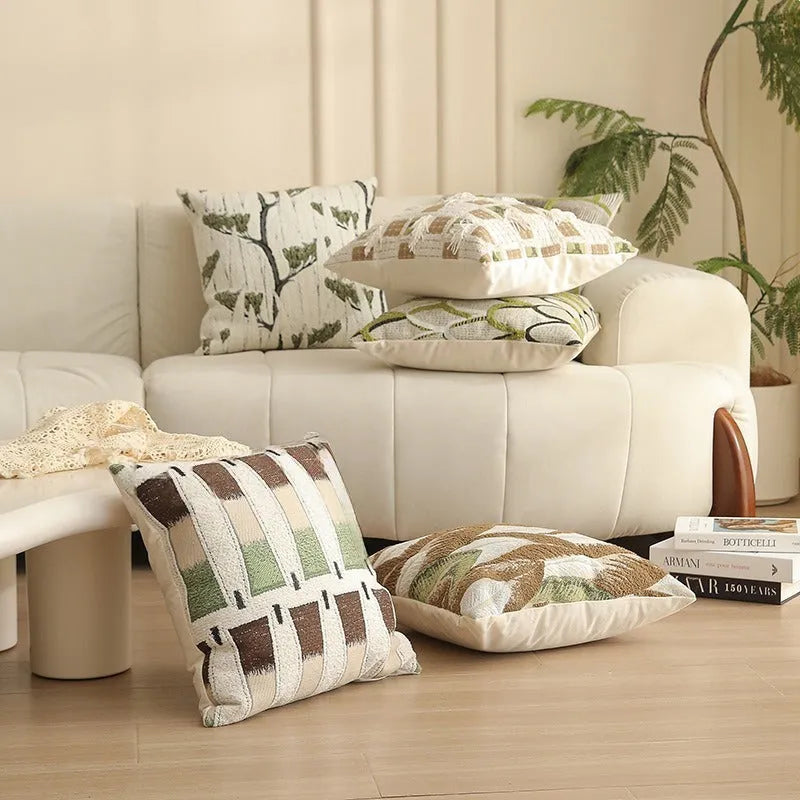 45cm square jacquard waist pillow cushion cover with plant and flower pattern in retro Nordic style.