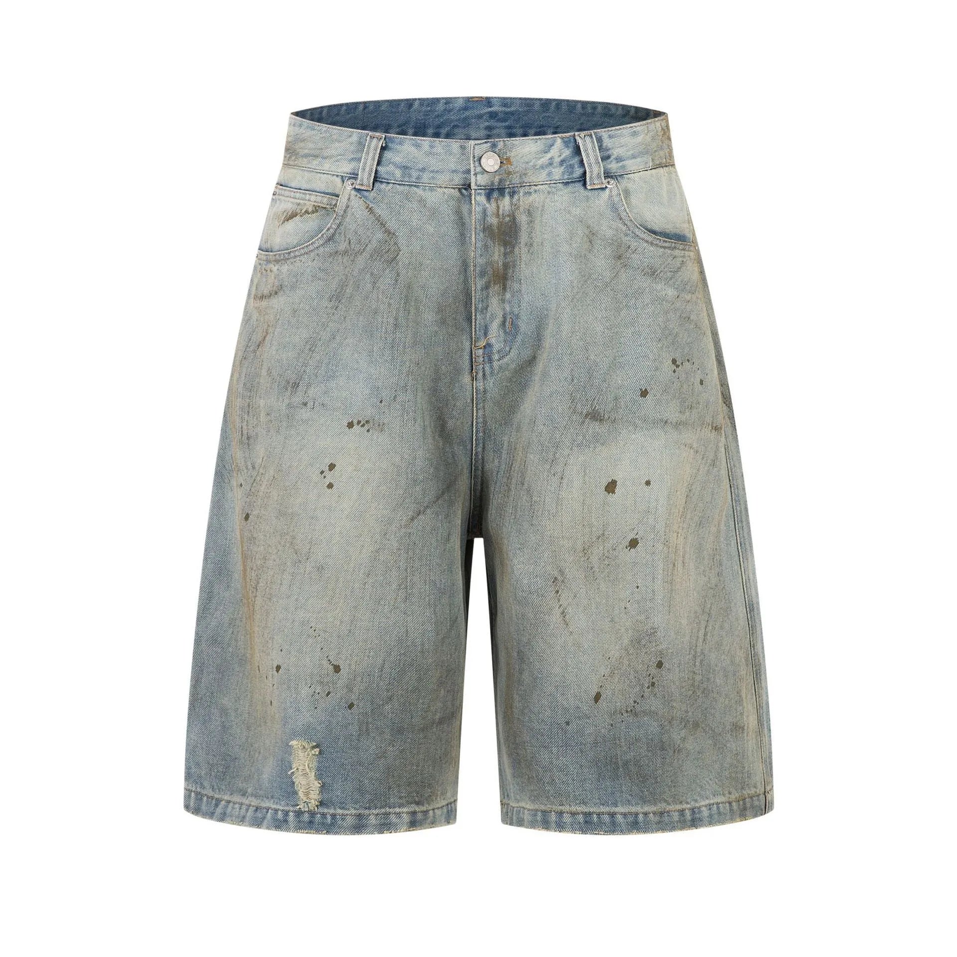 Washed blue straight-leg denim trousers with mid-length cut and zipper fly closure