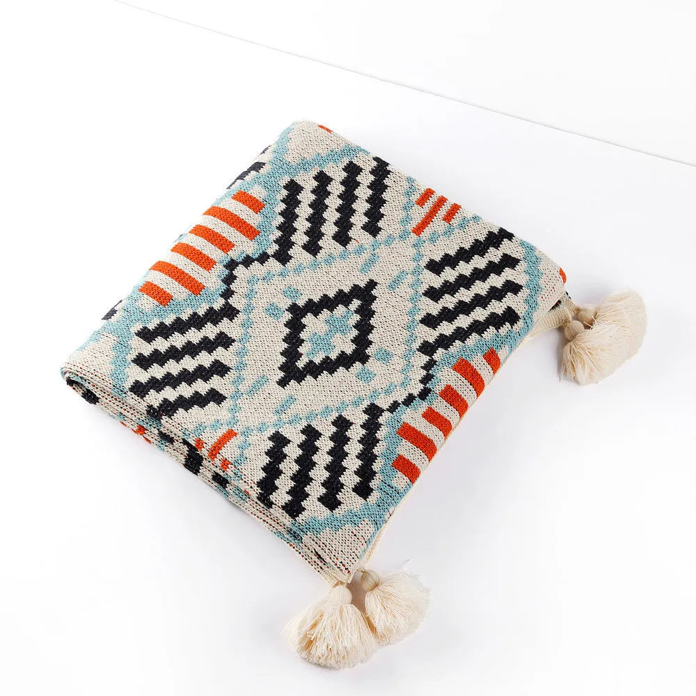 Bohemian-style acrylic sofa cover blanket with tassel fringe in geometric pattern
