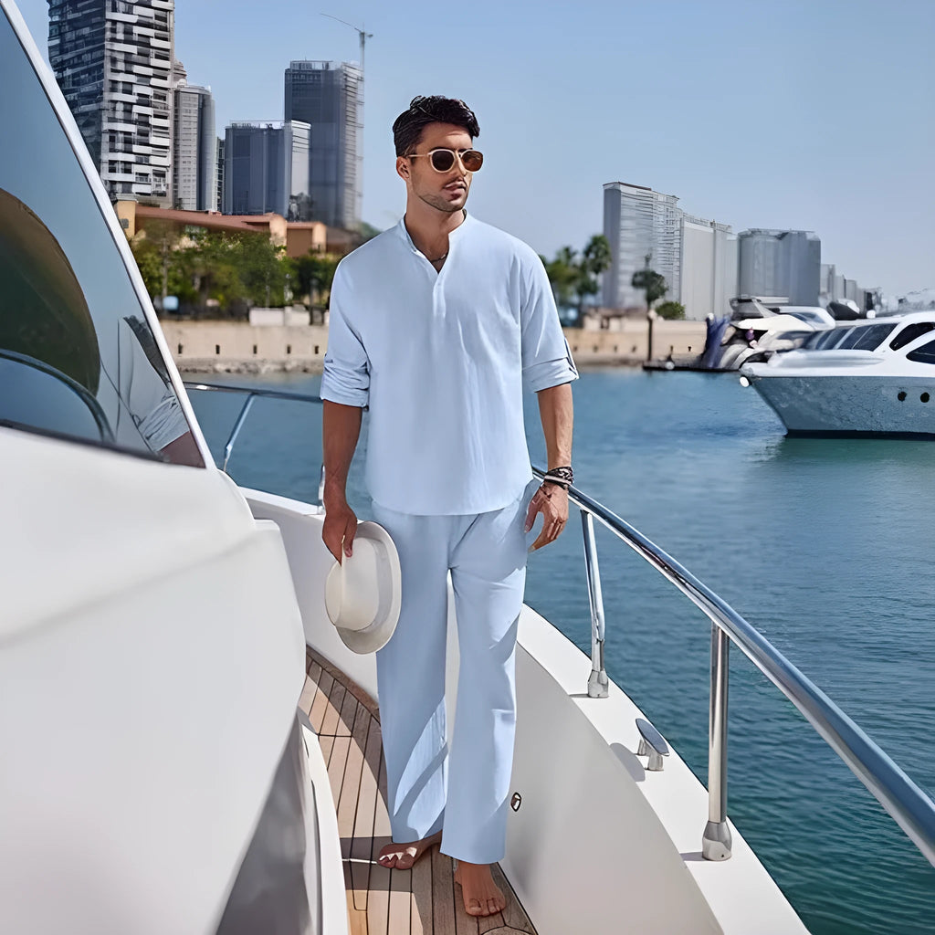 Men's solid colour cotton casual suit with long sleeve top and matching trousers in six colour options