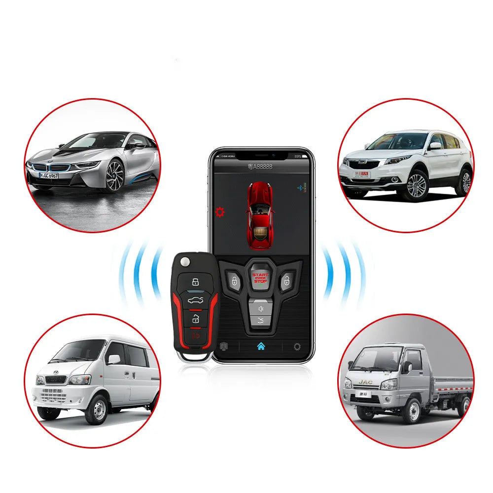 Red and black one-way car alarm system with two remote controls for 3000 metre vehicle security