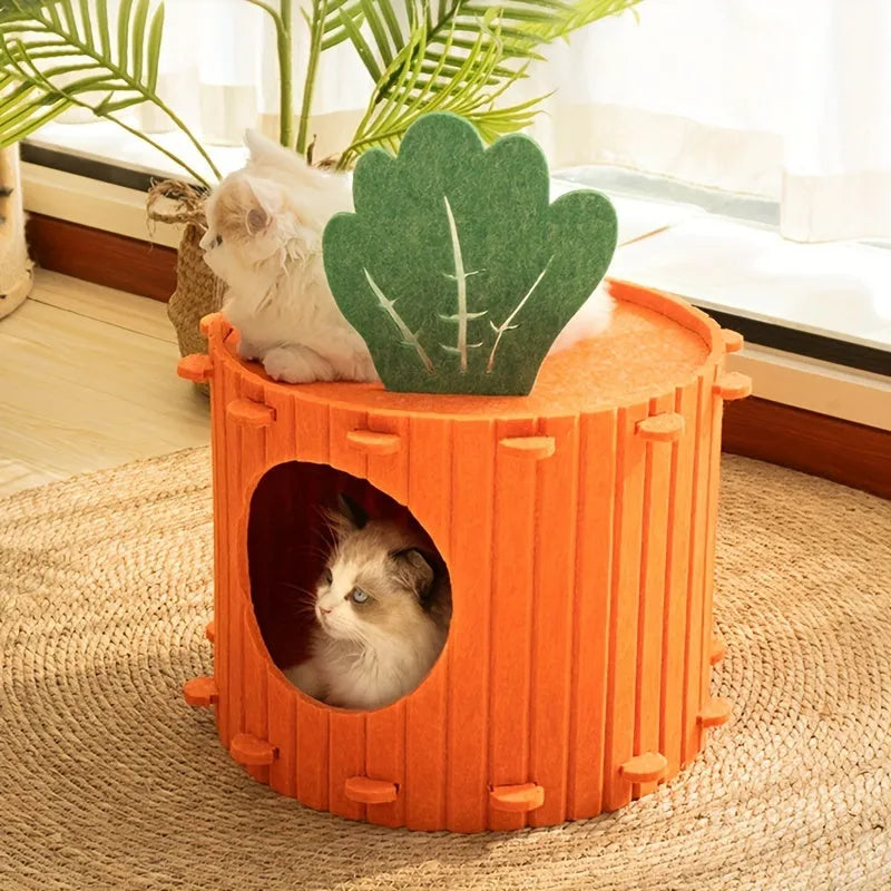 Carrot-shaped felt cat tunnel nest showing semi-enclosed design with two size options