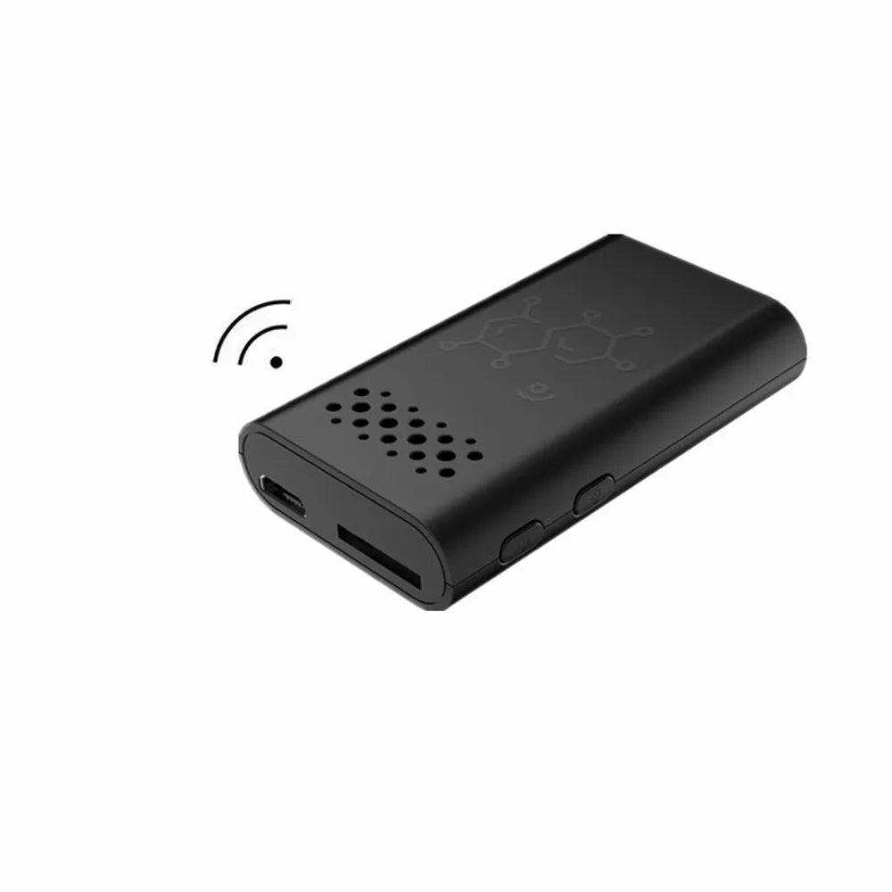 Black smart indoor security camera with WiFi for mobile phone viewing.