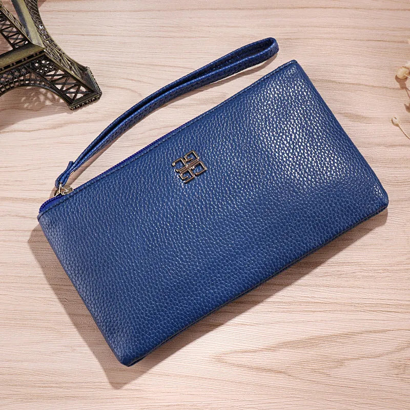 Long 55-inch PU leather phone wallet handbag with zipper, shown in a choice of colours.