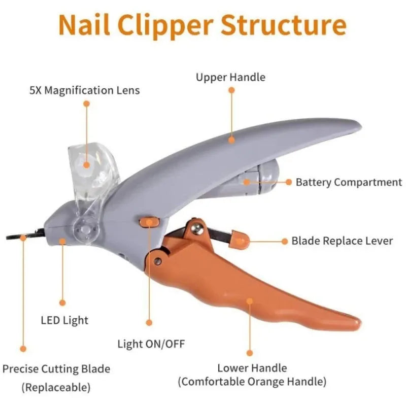 Yellow pet nail clipper with LED light and magnifier for dog and cat grooming