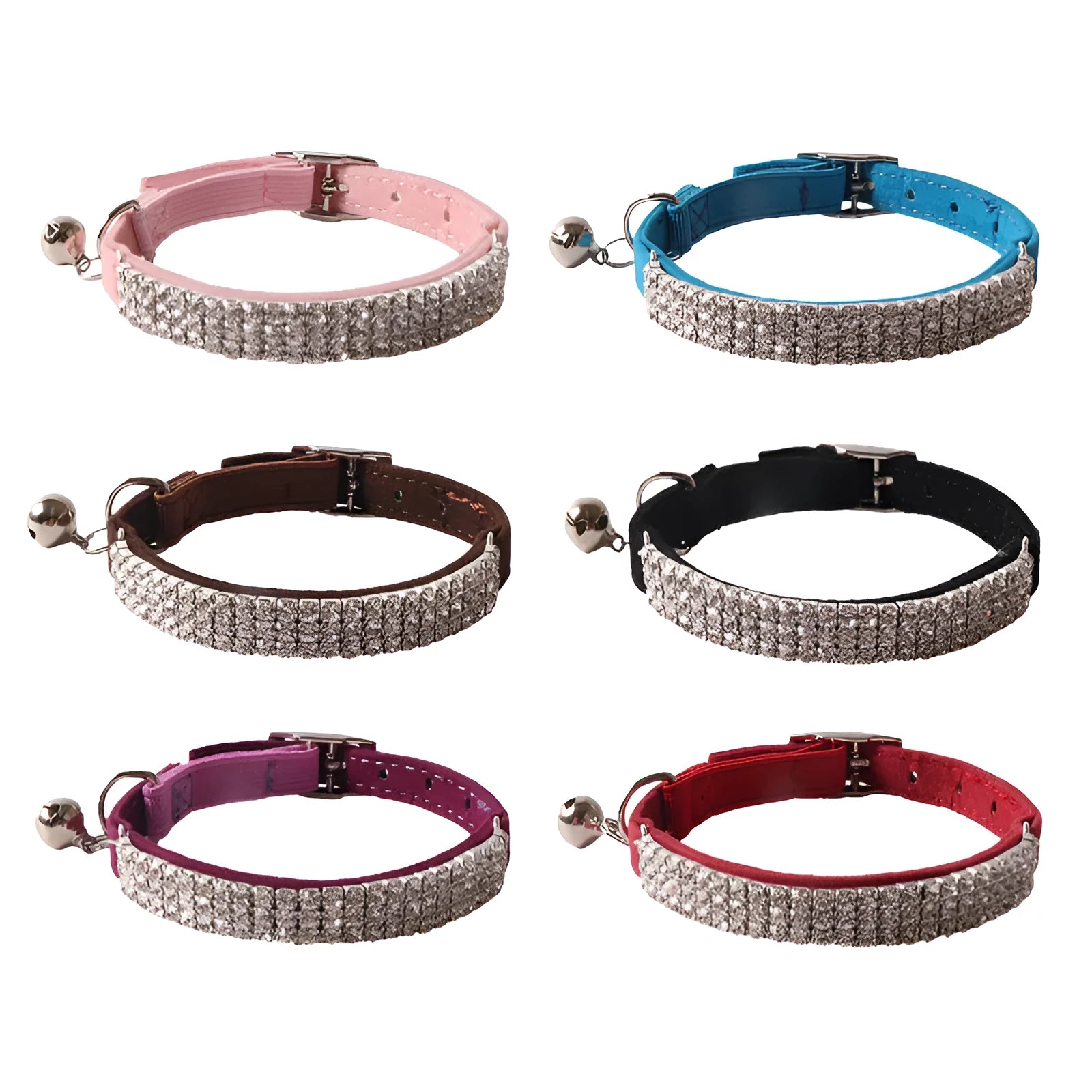 Soft flocking cat collar with elastic buckle in one of six colours on a white background.