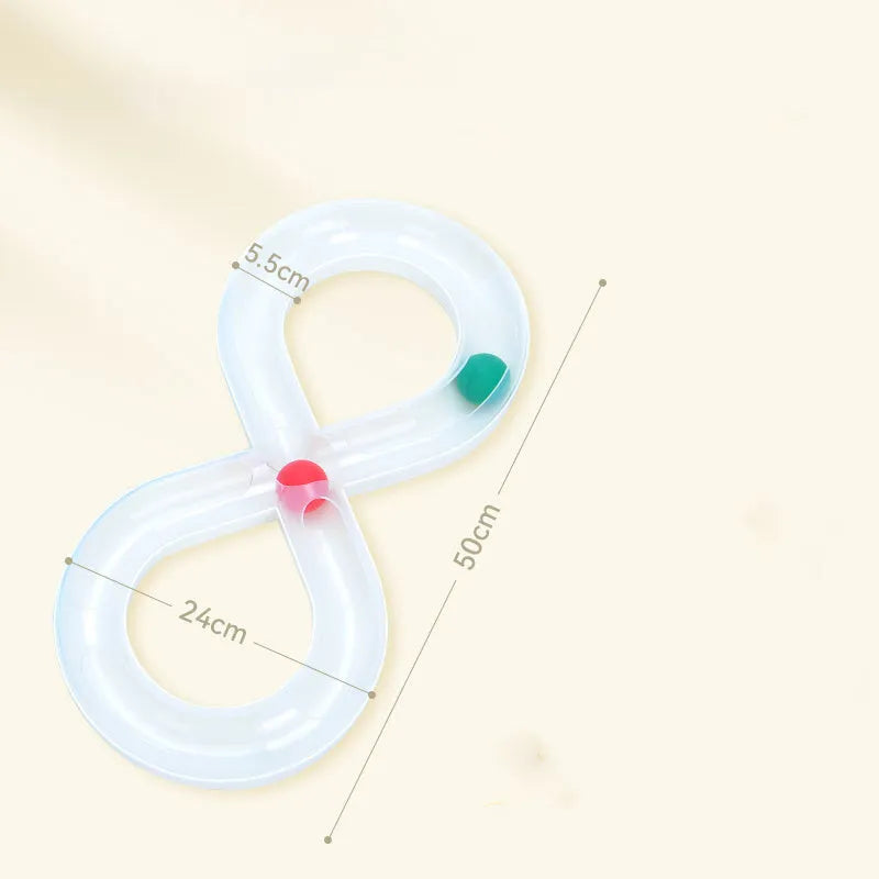 Blue and white cat turntable toy with rotating track ball and teasing stick for feline play