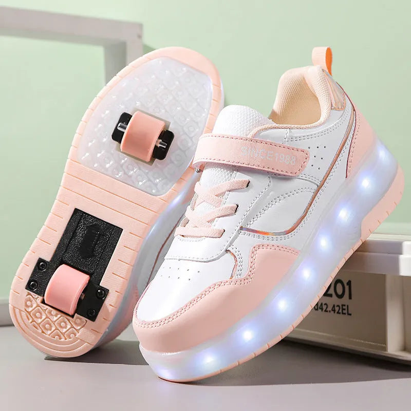 Kids charging flash rollerskates with LED lights in pink black white purple sizes 29-40