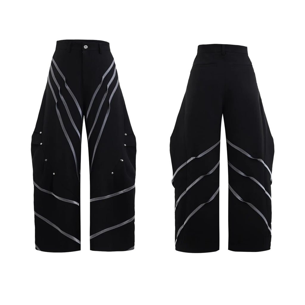 Men's trousers with metal striped rivet pleated design and three-dimensional cutting in polyester fabric