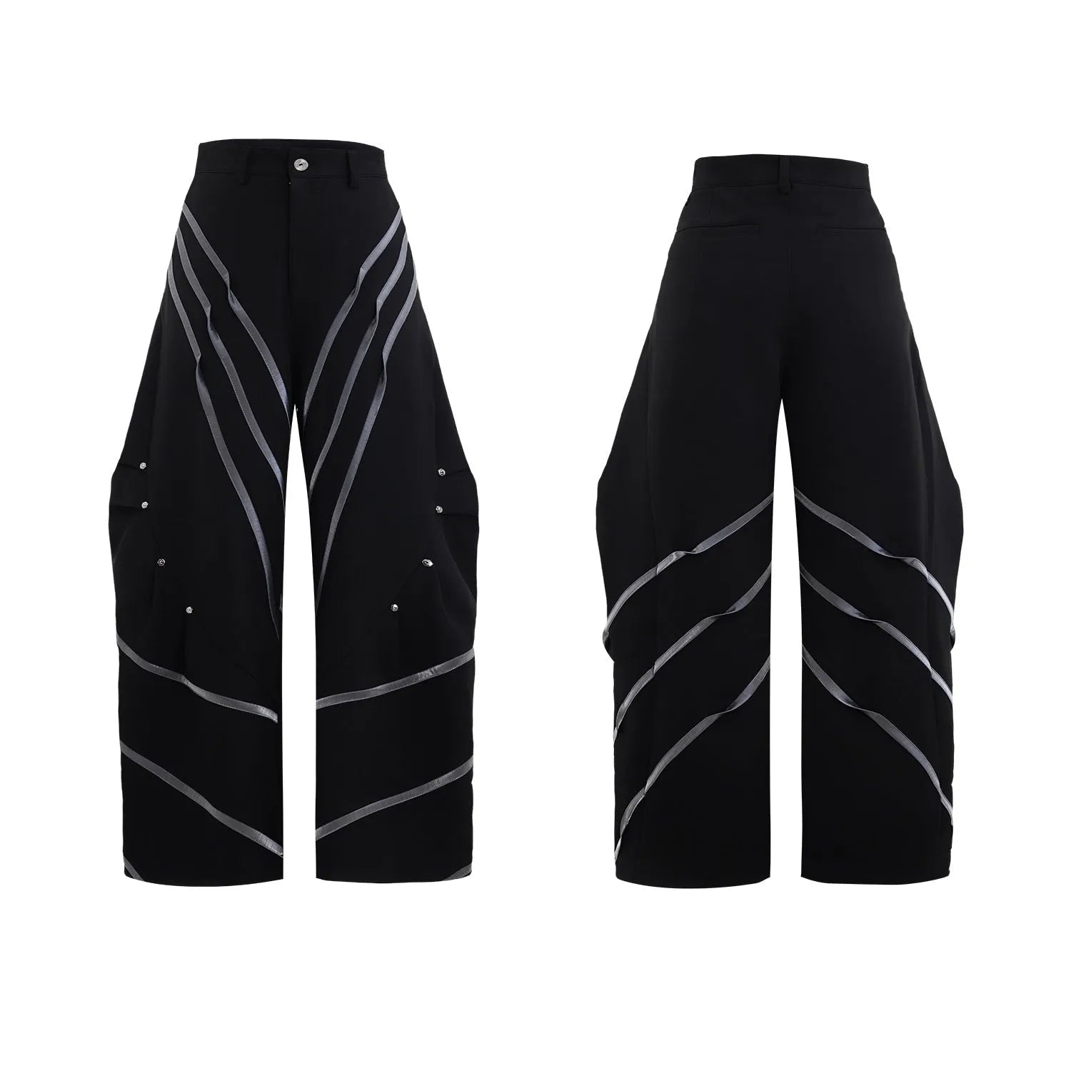 Men's trousers with metal striped rivet pleated design and three-dimensional cutting in polyester fabric