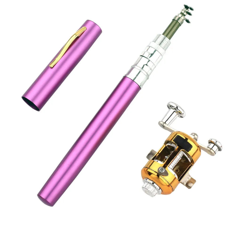 Gold portable telescopic pocket fishing rod extended next to its small aluminium alloy storage case.
