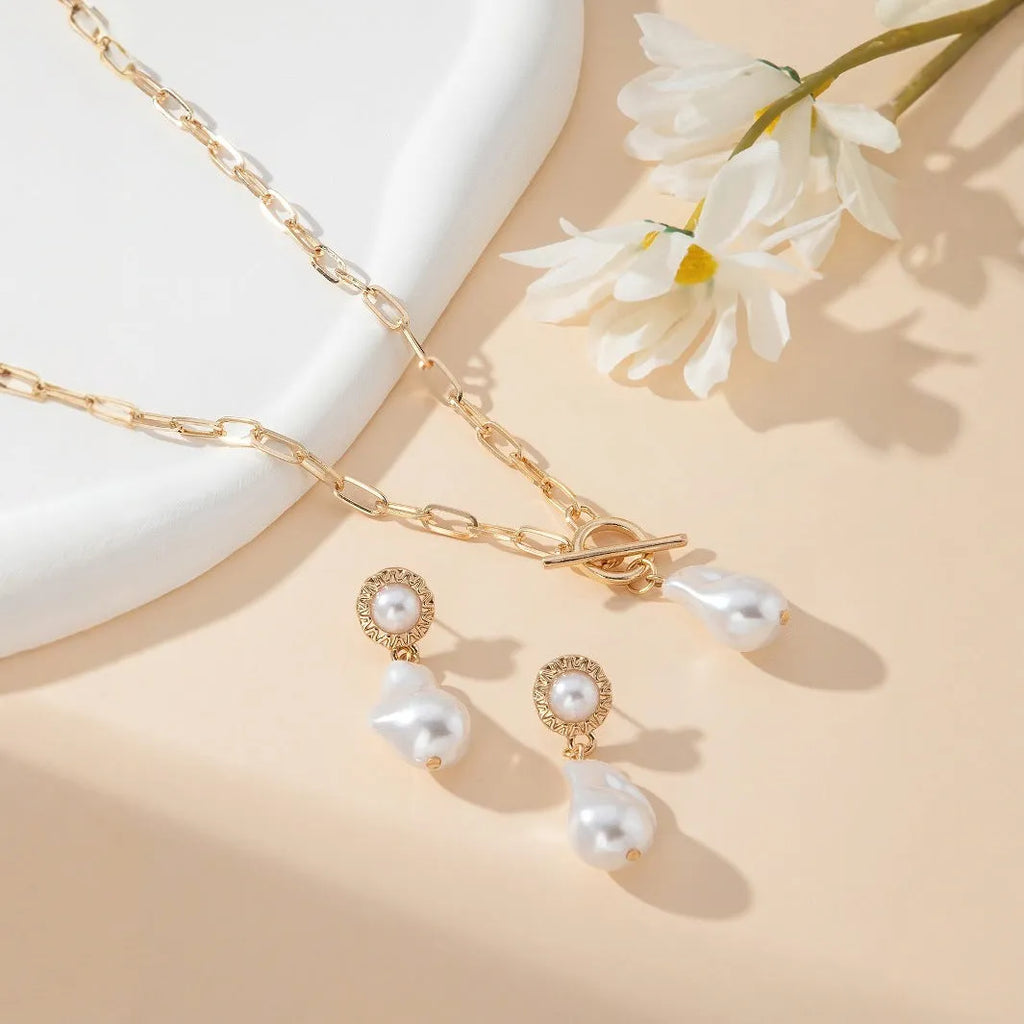 Gold tone baroque pearl necklace and matching ear stud jewellery set for women