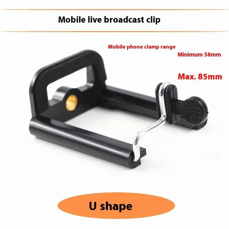 Black plastic U clip phone holder with adjustable hose bracket for mounting a mobile phone.