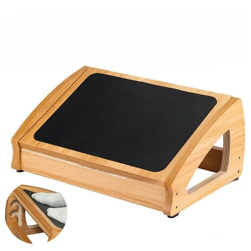 Adjustable bamboo office desk footstool in natural wood colour with modern simple design
